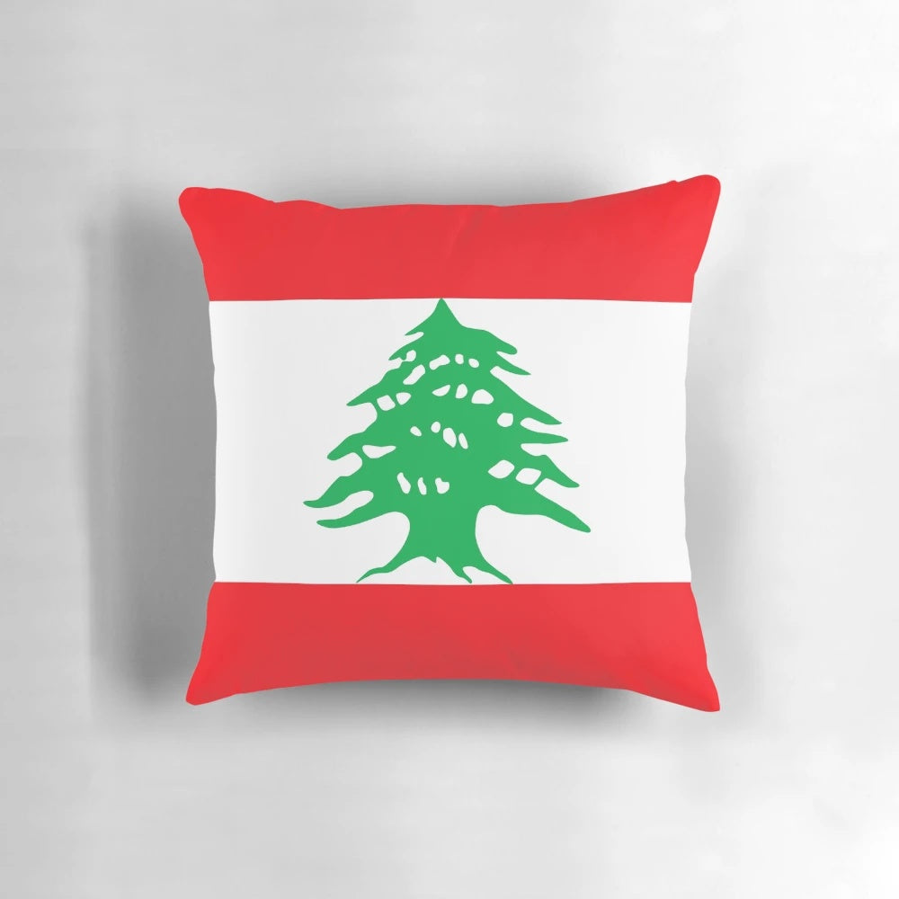 Decorative pillow featuring the iconic flag of Lebanon with the cedar tree design