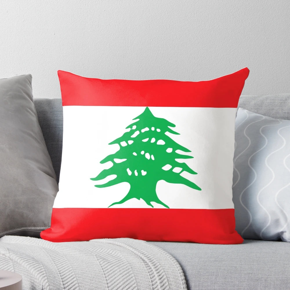 Decorative pillow featuring the iconic flag of Lebanon with the cedar tree design
