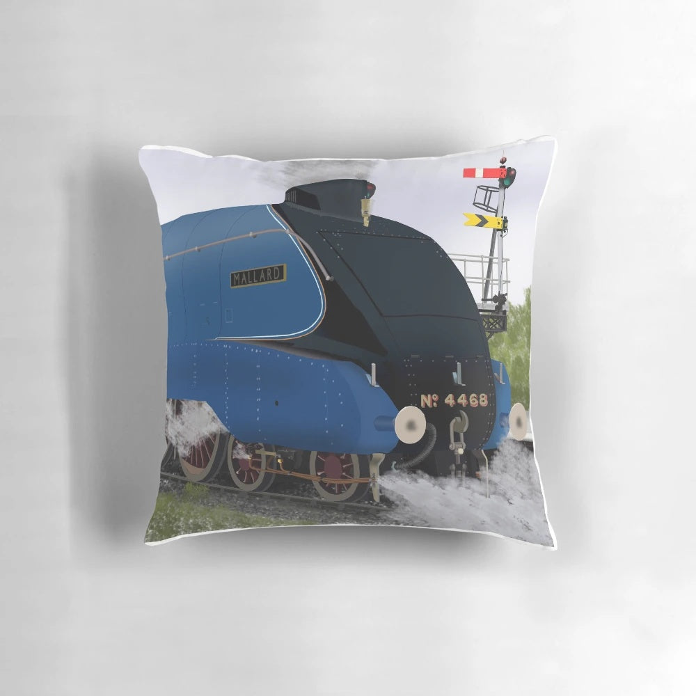 Plush pillow featuring the iconic LNER No. 4468 Mallard steam locomotive