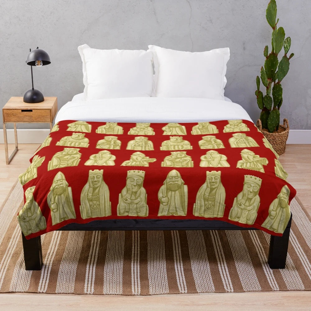 Lewis Chessmen Plush Blanket with Detailed Norse Designs