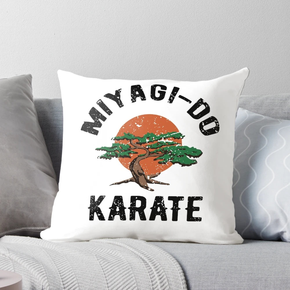 Miyagi Do Karate themed decorative pillow featuring a bonsai tree and karate chop design