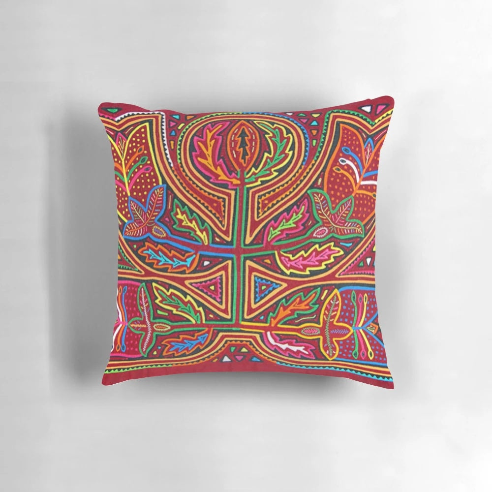 Vibrant and colorful Mola de Panama pillow, featuring traditional Panamanian textile art.