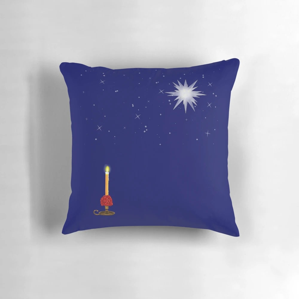 Moravian star and candle printed on a plush throw pillow, perfect for traditional Christmas decor