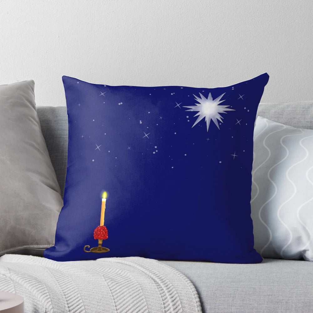 Moravian star and candle printed on a plush throw pillow, perfect for traditional Christmas decor