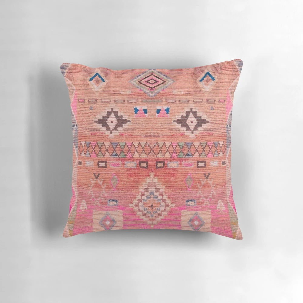 Vibrant traditional Moroccan Berber rug design printed on a soft, plush pillow.