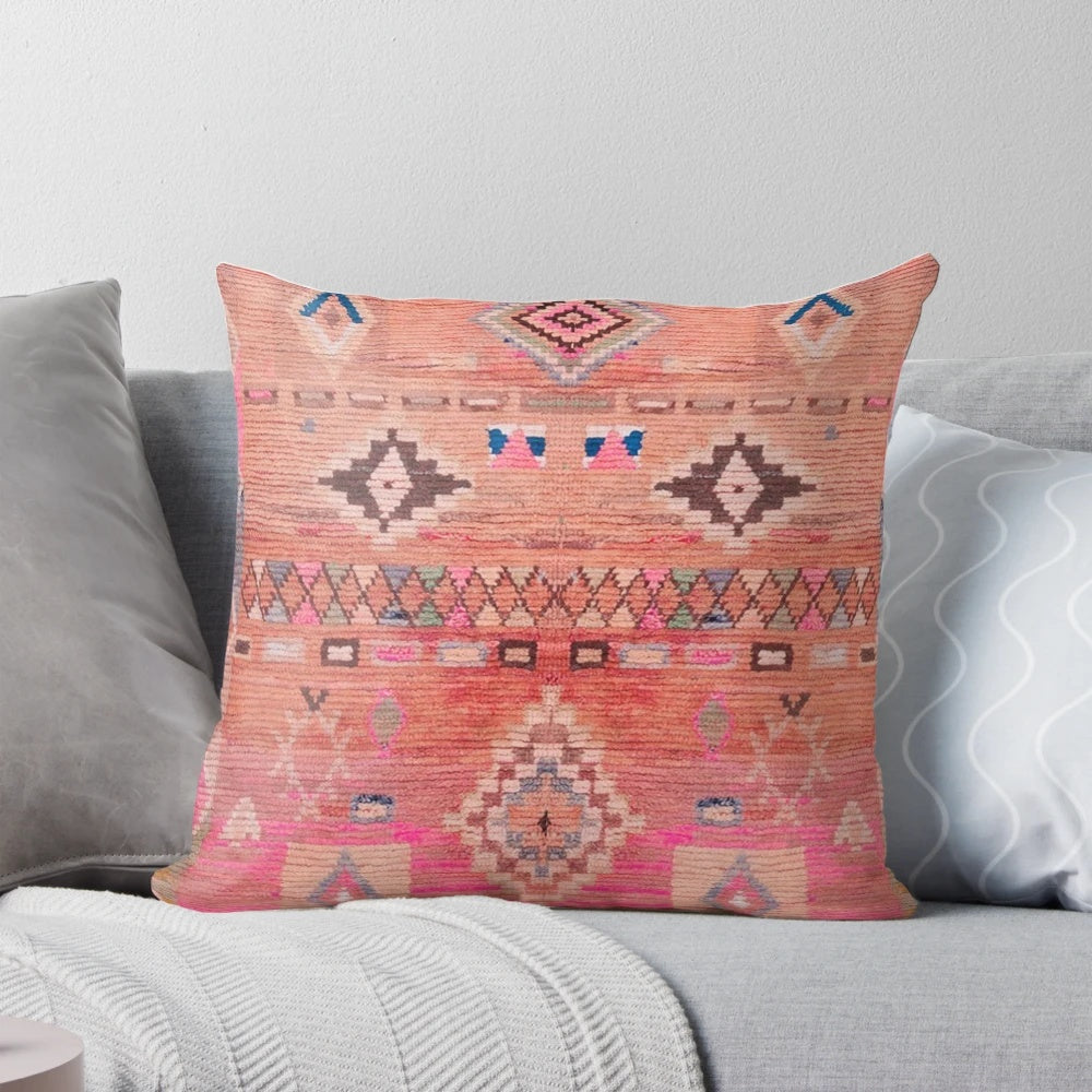Vibrant traditional Moroccan Berber rug design printed on a soft, plush pillow.
