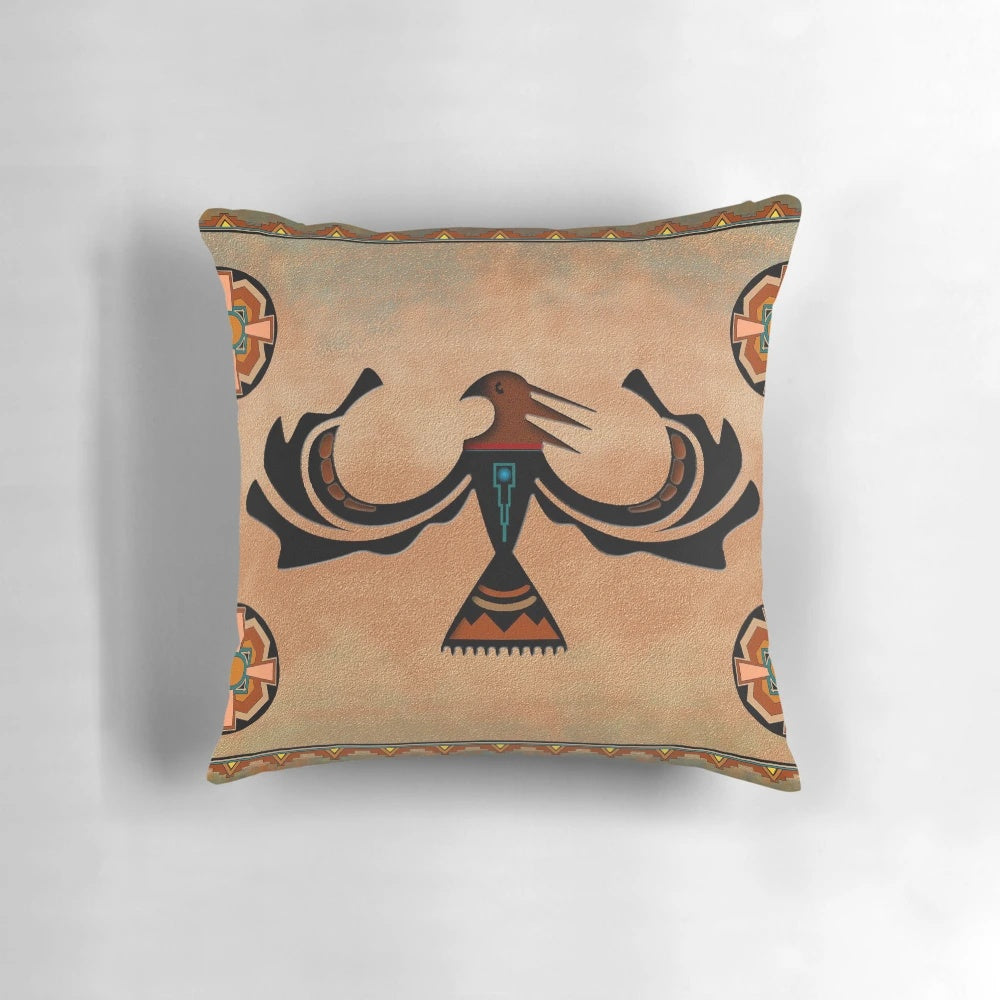 A vibrant pillow featuring a crow, a symbol of transformation in Native American cultures