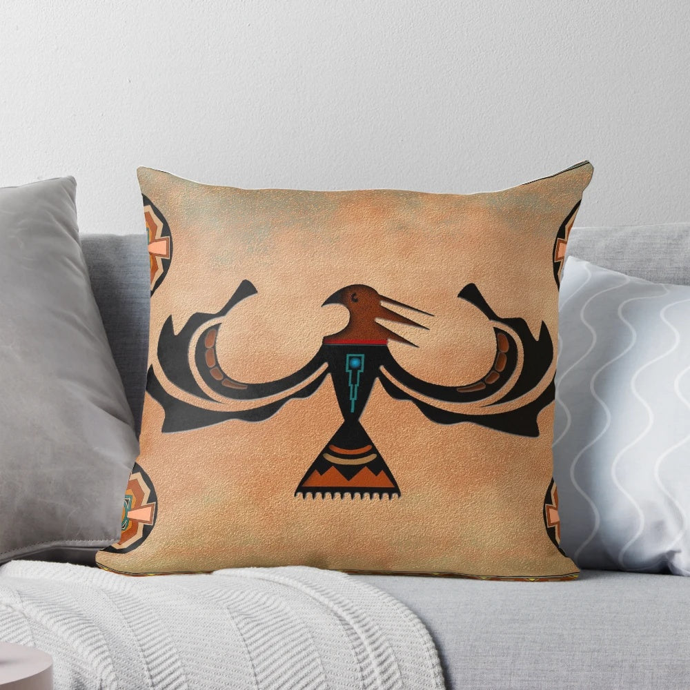 A vibrant pillow featuring a crow, a symbol of transformation in Native American cultures