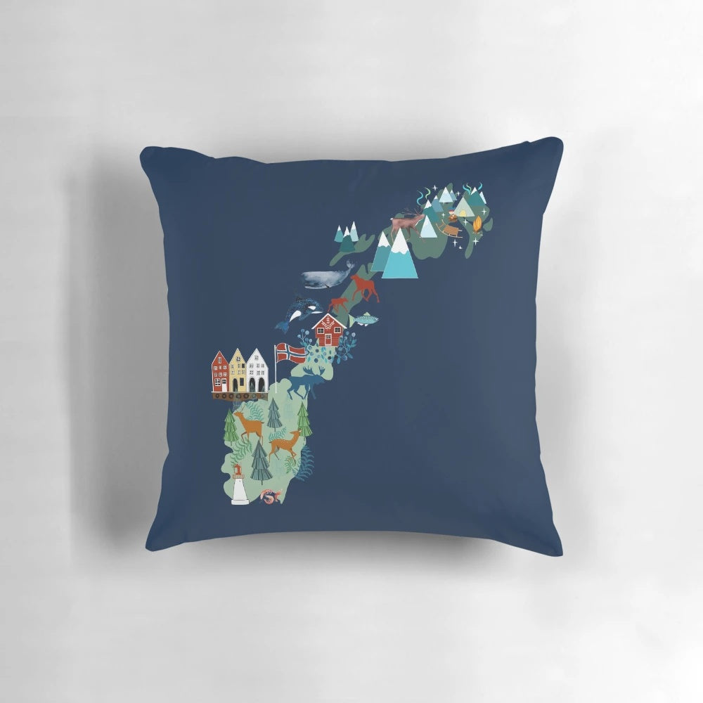Norway souvenir pillow featuring the Norwegian flag, map, and scenic elements