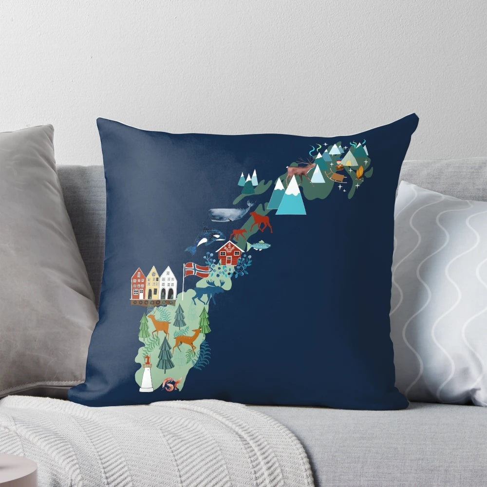 Norway souvenir pillow featuring the Norwegian flag, map, and scenic elements