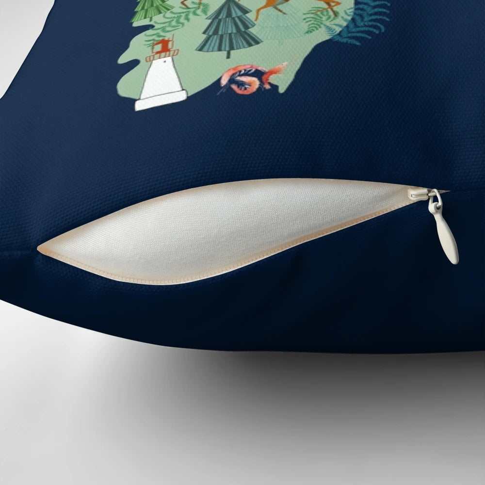 Norway souvenir pillow featuring the Norwegian flag, map, and scenic elements