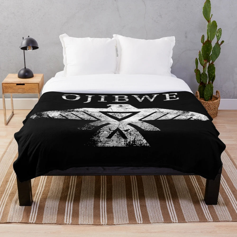 Ojibwe plush blanket with traditional thunderbird design
