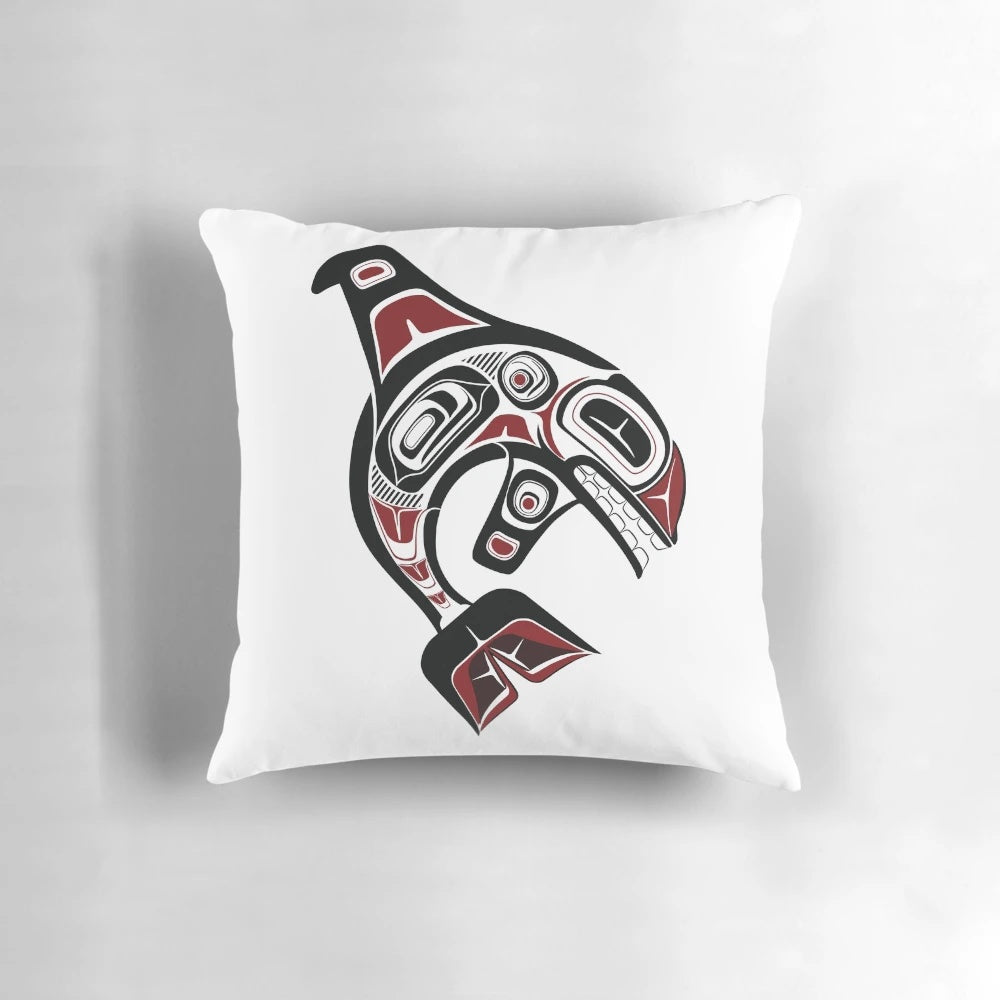 Vibrant Pacific Northwest orca killer whale design in traditional Salish formline art style on a decorative pillow