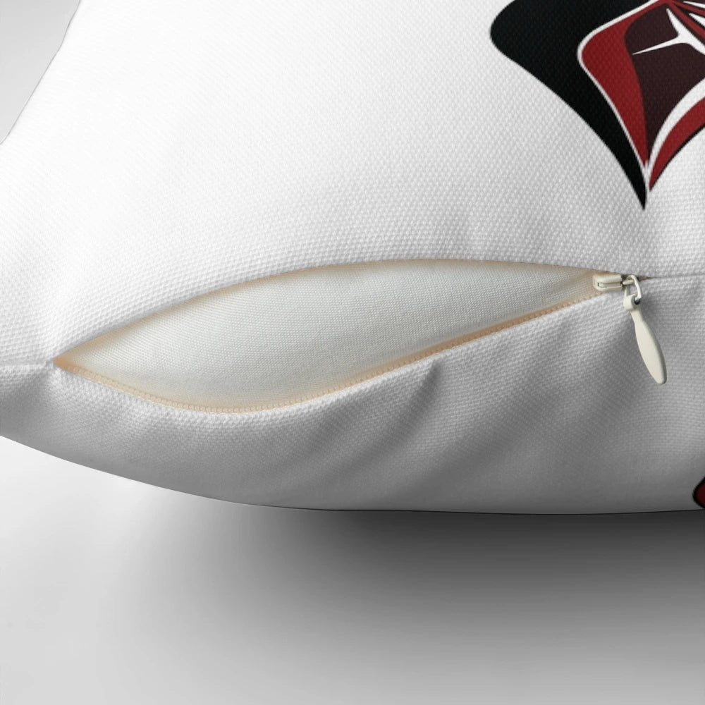 Vibrant Pacific Northwest orca killer whale design in traditional Salish formline art style on a decorative pillow