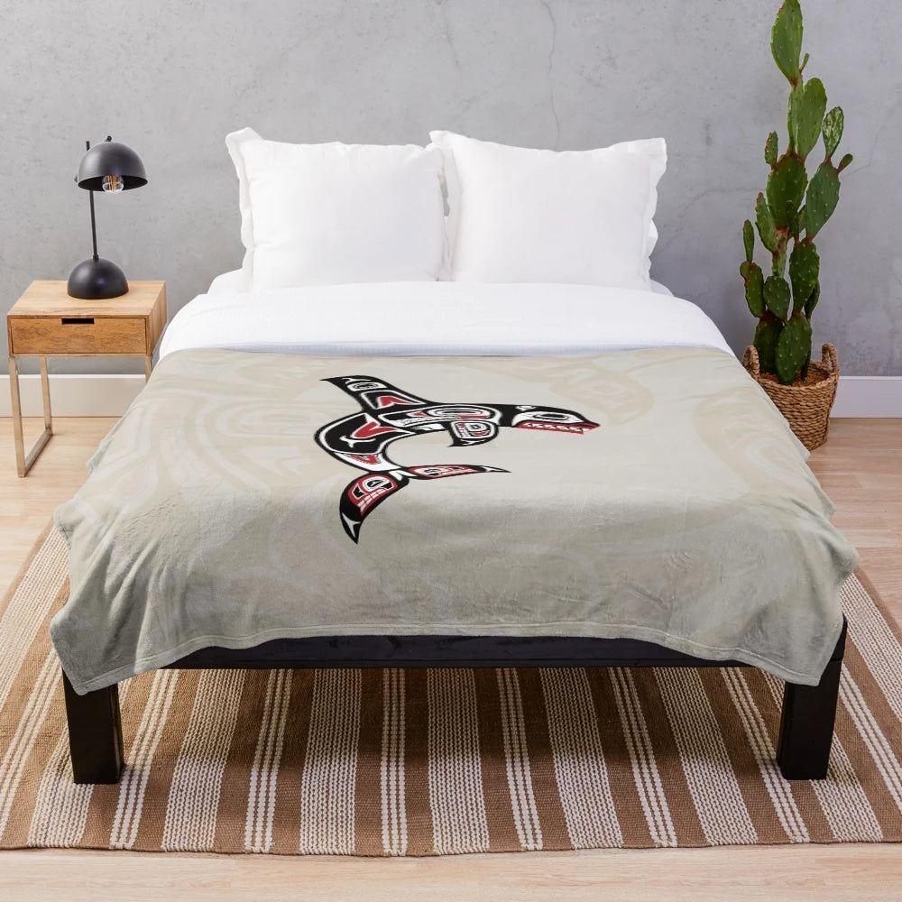 Orca Killer Whale Plush Blanket in Native American Pacific Northwest Tribal Art Style