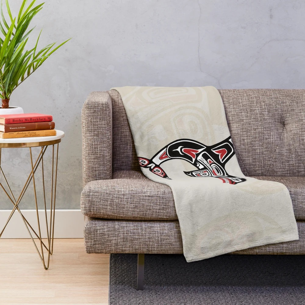 Orca Killer Whale Plush Blanket in Native American Pacific Northwest Tribal Art Style