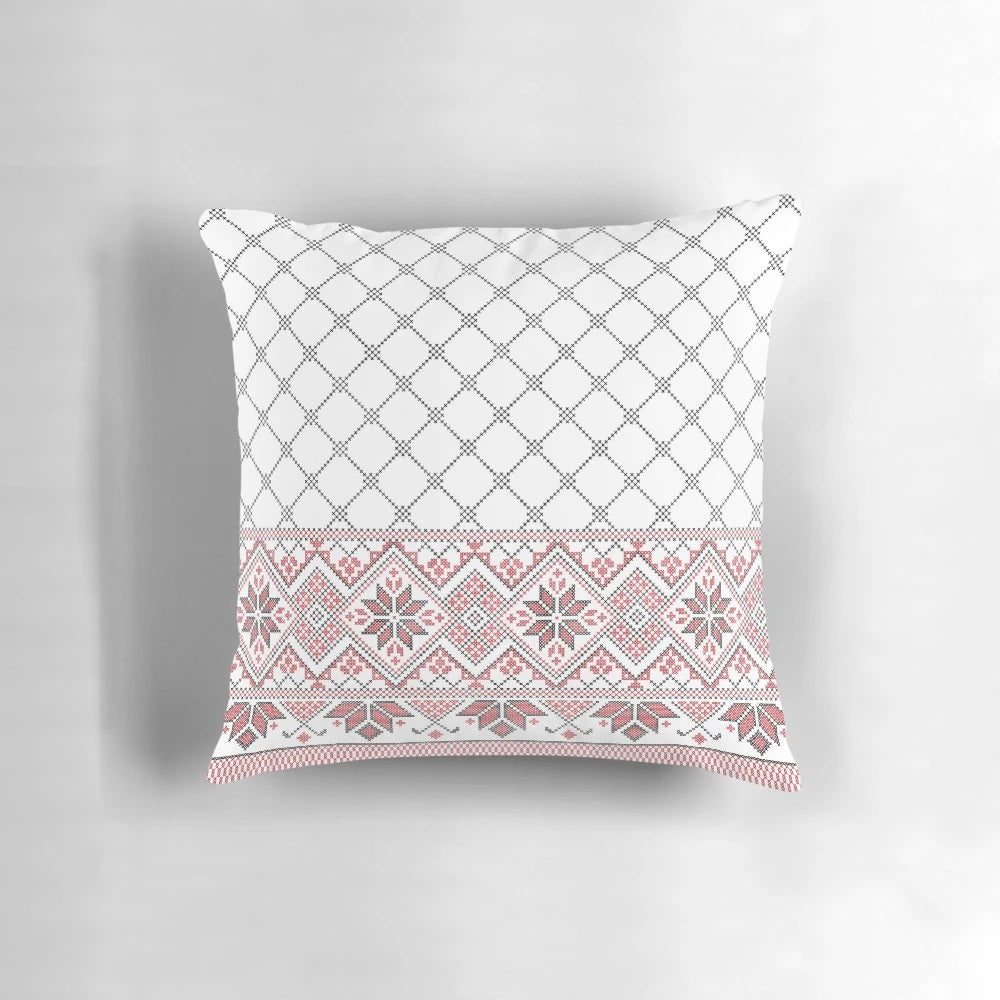 Vibrant Palestinian Kufiya Pillow showcasing traditional Tatreez embroidery art