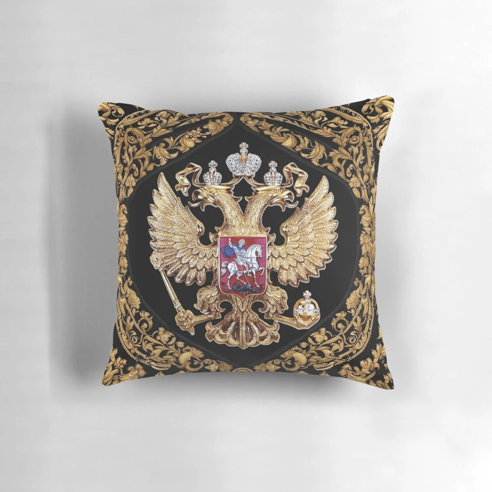 Russian Coat of Arms tapestry art featuring traditional Russian symbols and church architecture
