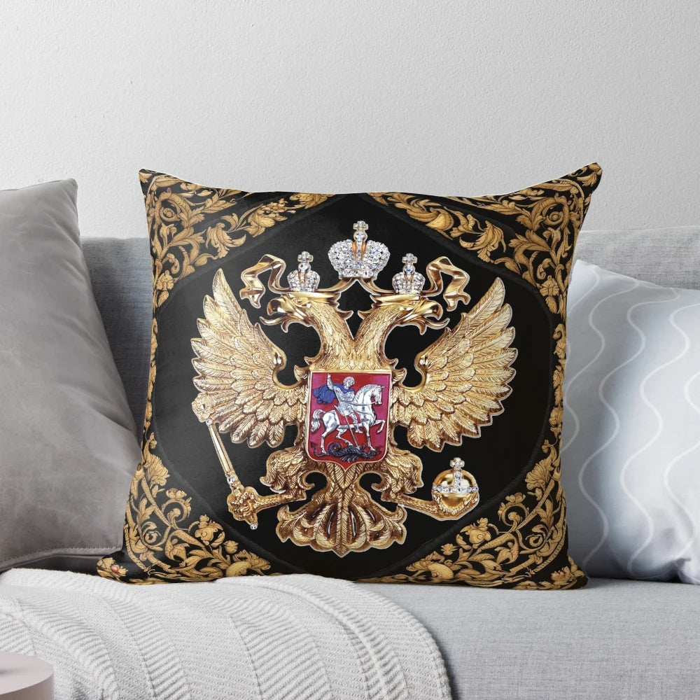 Russian Coat of Arms tapestry art featuring traditional Russian symbols and church architecture