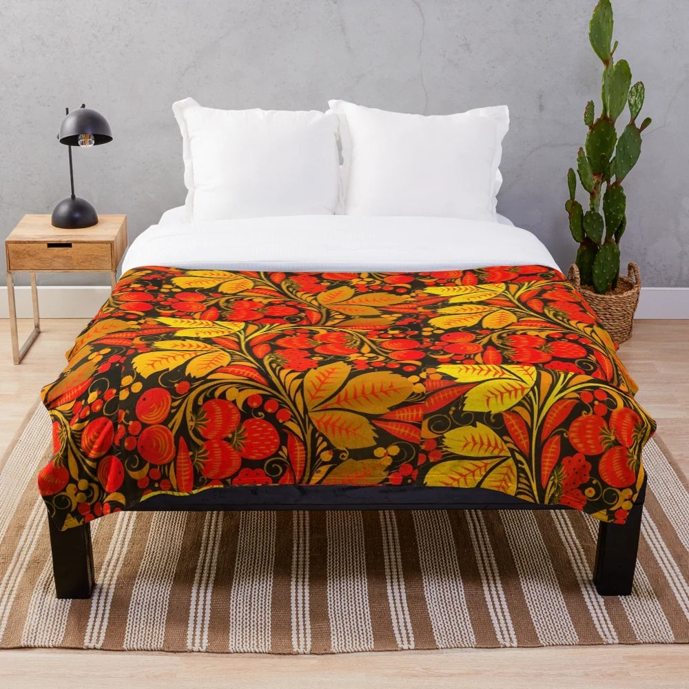 Traditional Russian Khokhloma Berries Plush Blanket