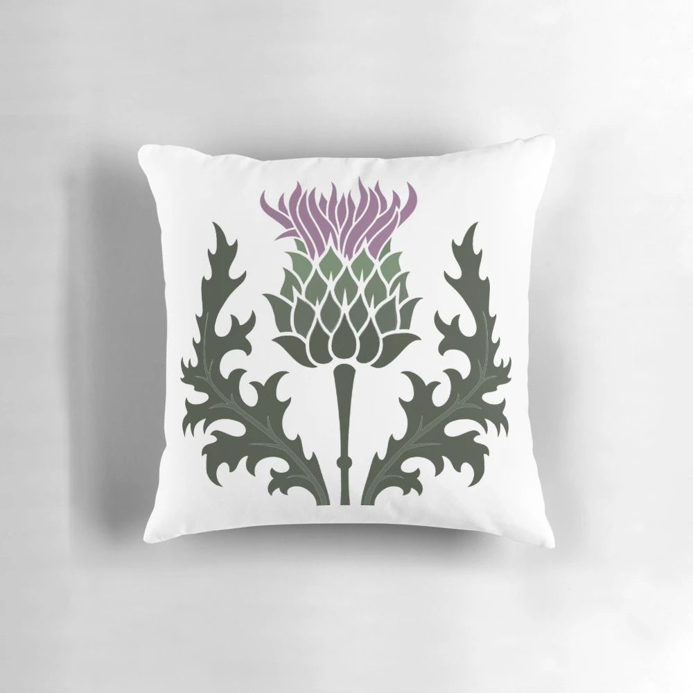 A vibrant purple Scottish thistle flower, the national flower of Scotland, against a background of the Scottish highlands.