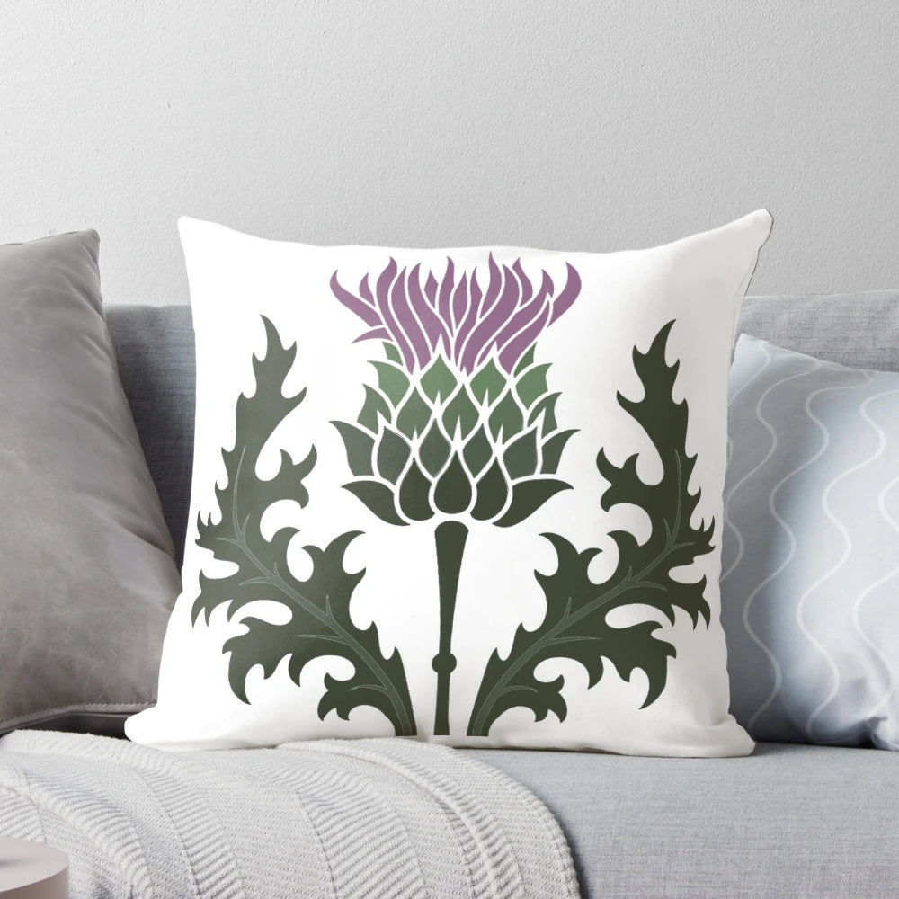 A vibrant purple Scottish thistle flower, the national flower of Scotland, against a background of the Scottish highlands.