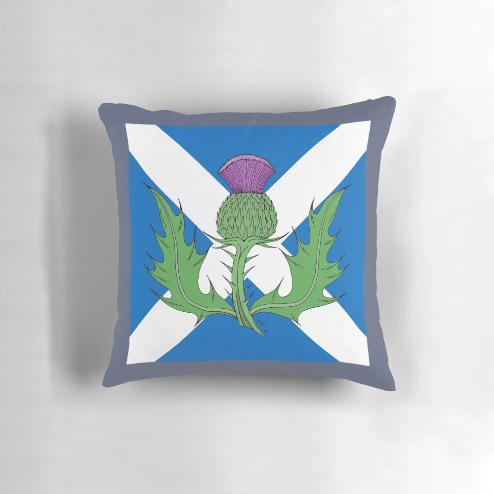 Scottish thistle and saltire (St. Andrews cross) pattern printed on a high-quality pillow.