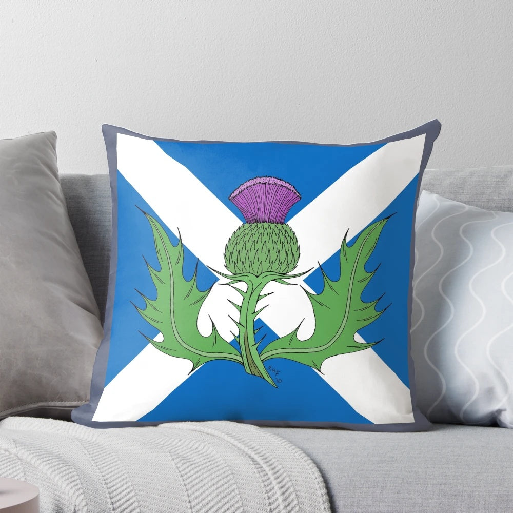 Scottish thistle and saltire (St. Andrews cross) pattern printed on a high-quality pillow.