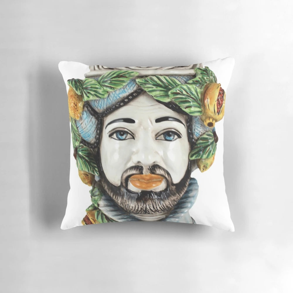 Vibrant blue and white Sicilian-style decorative pillow with traditional arabesque pattern