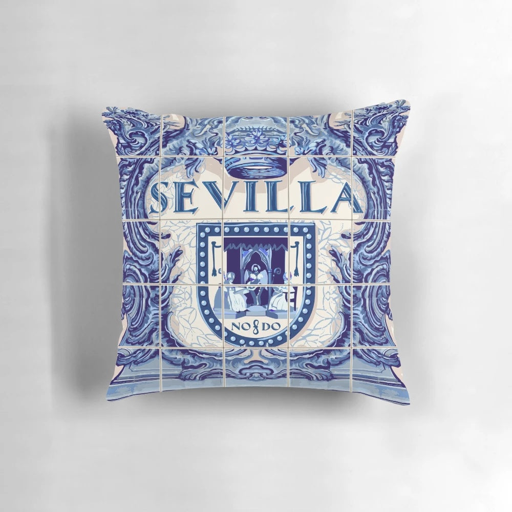Decorative throw pillow featuring a vibrant blue and white Spanish azulejo tile pattern from Seville, Spain.