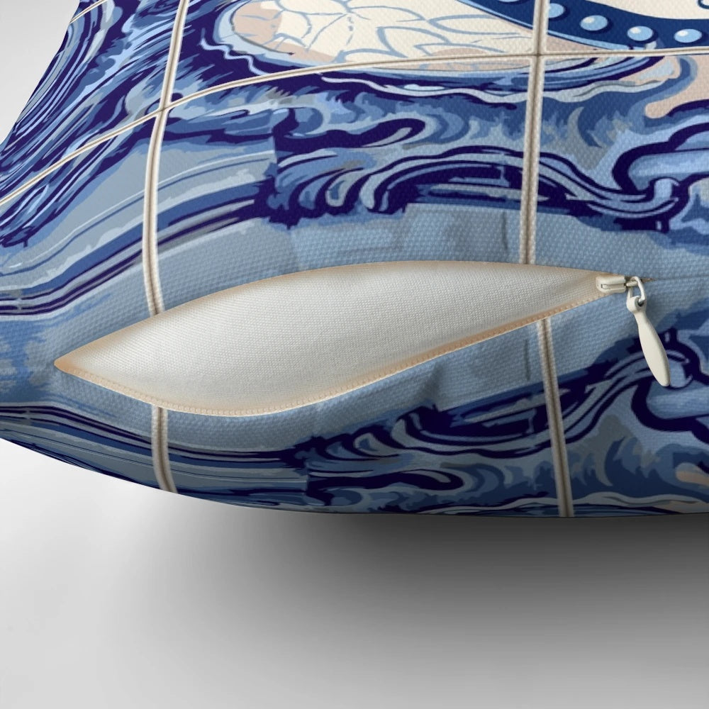 Decorative throw pillow featuring a vibrant blue and white Spanish azulejo tile pattern from Seville, Spain.