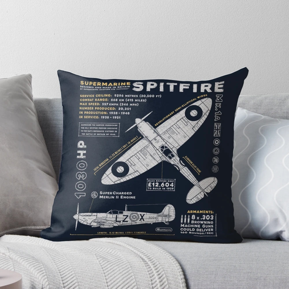Supermarine Spitfire Pillow with Iconic Roundel and RAF Insignia