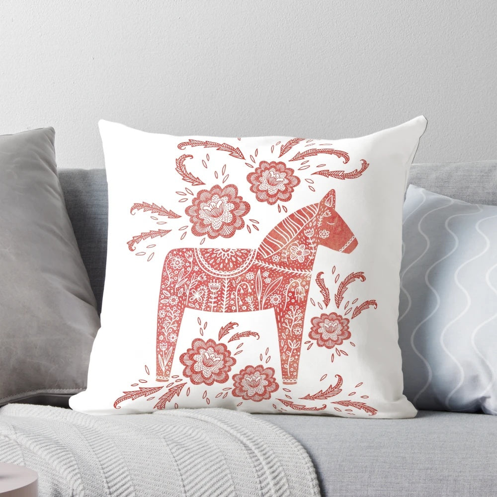 A vibrant red and white Dala horse folk art design decorative throw pillow