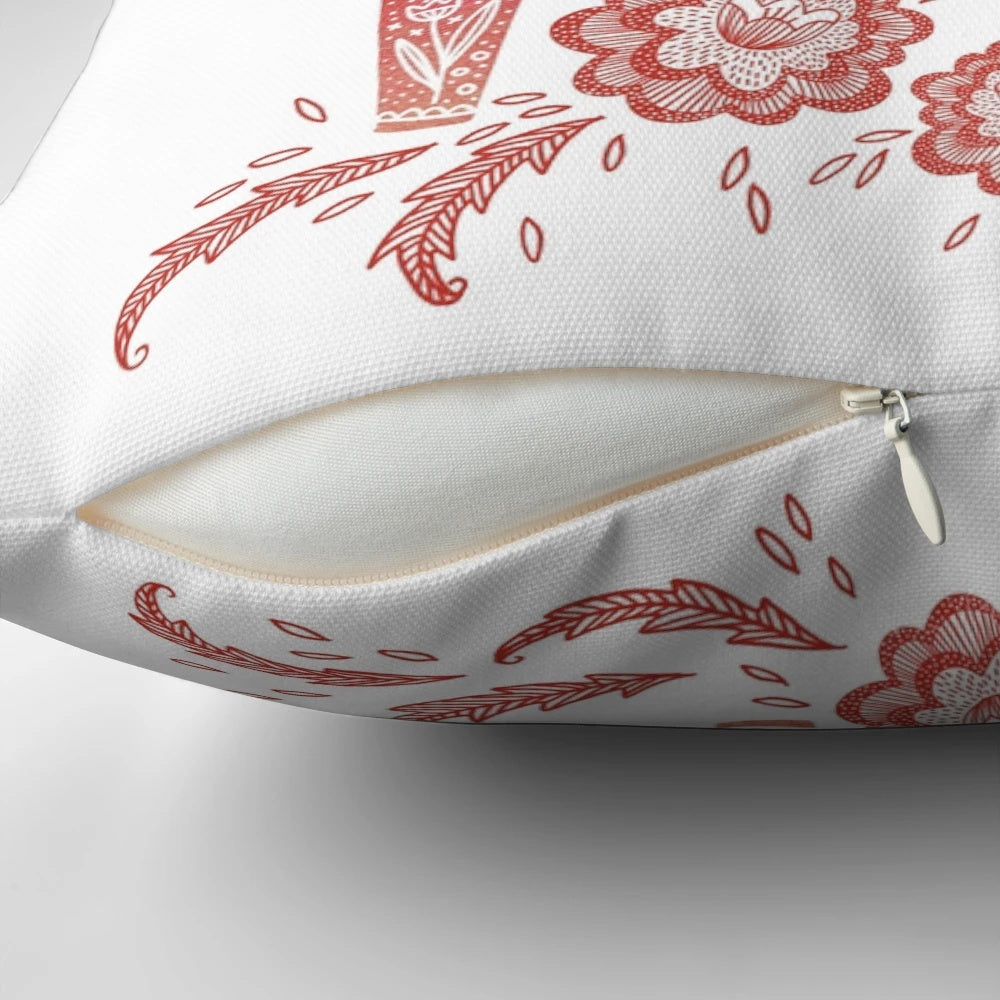 A vibrant red and white Dala horse folk art design decorative throw pillow