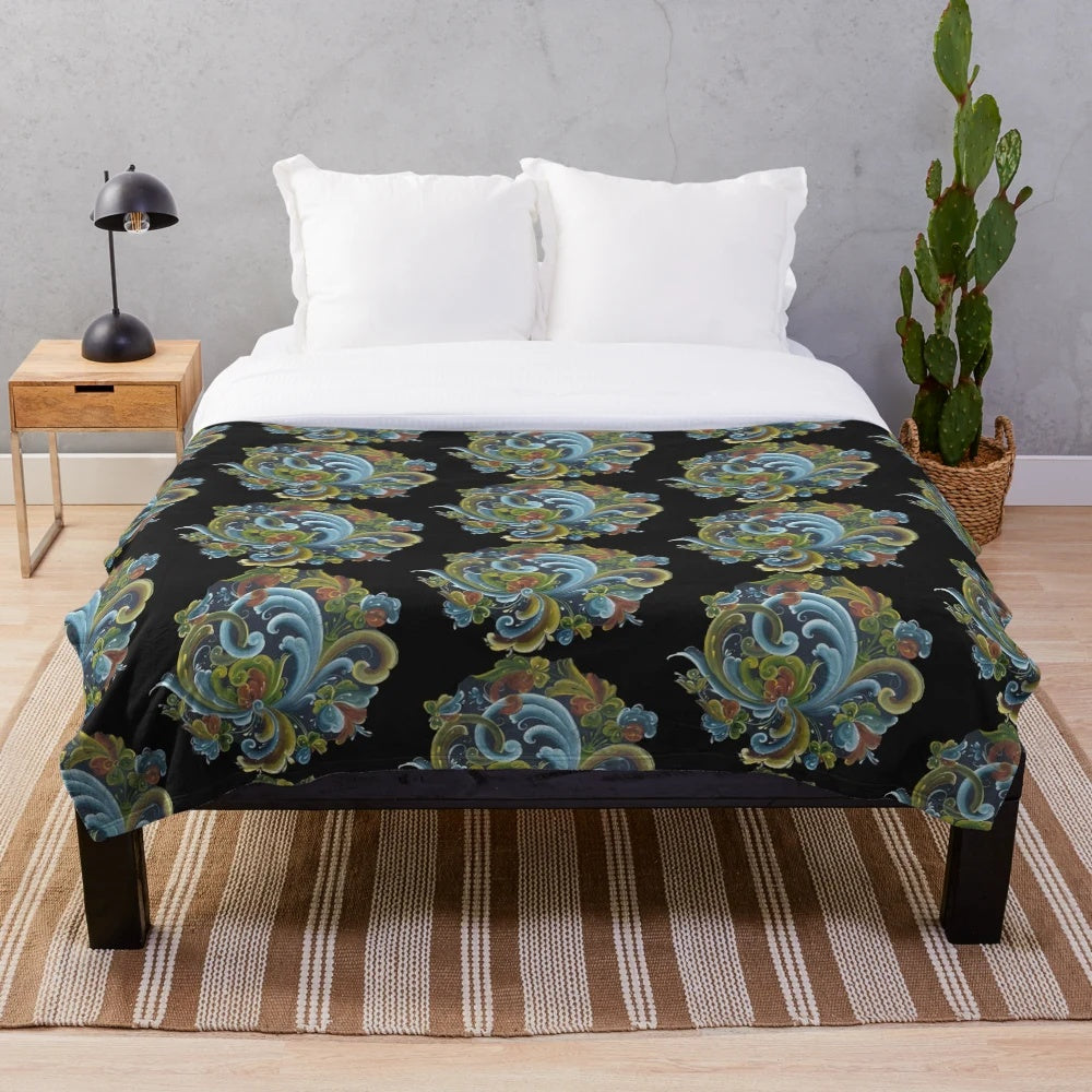 Traditional Norwegian Telemark rosemaling design plush blanket