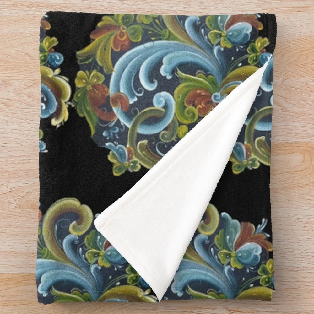 Traditional Norwegian Telemark rosemaling design plush blanket