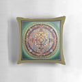 Genuine hand-painted Tibetan Kalachakra mandala design on a meditation pillow, featuring the Buddhist mantra "Om Mani Padme Hum" and spiritual imagery.