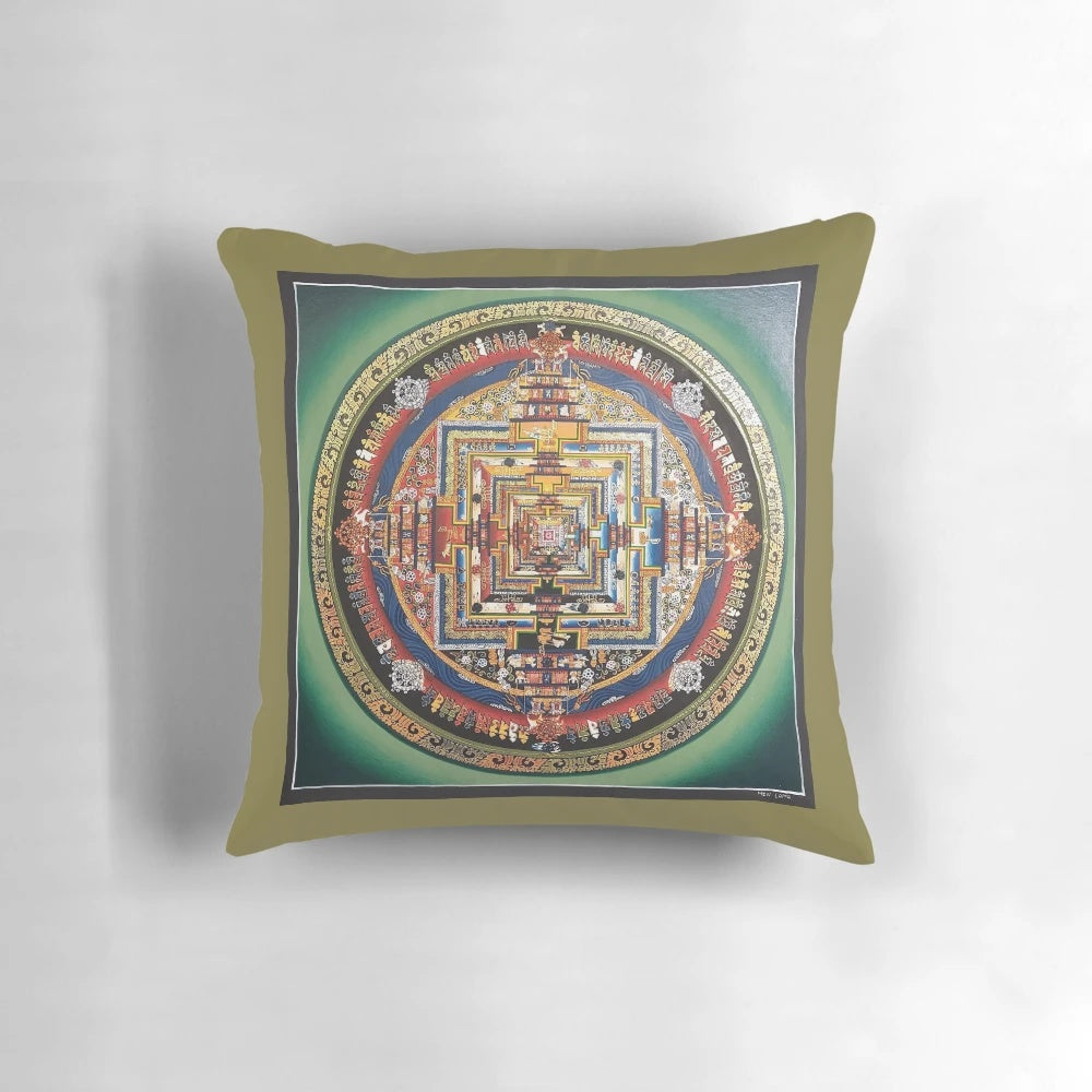 Genuine hand-painted Tibetan Kalachakra mandala design on a meditation pillow, featuring the Buddhist mantra "Om Mani Padme Hum" and spiritual imagery.