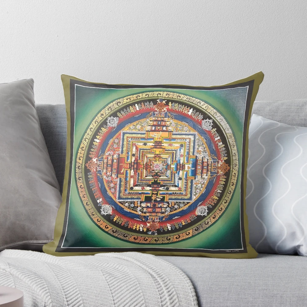 Genuine hand-painted Tibetan Kalachakra mandala design on a meditation pillow, featuring the Buddhist mantra "Om Mani Padme Hum" and spiritual imagery.