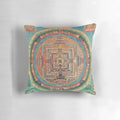 Closeup of a vibrant Tibetan mandala design on a square pillow with meditation-inspired artwork.