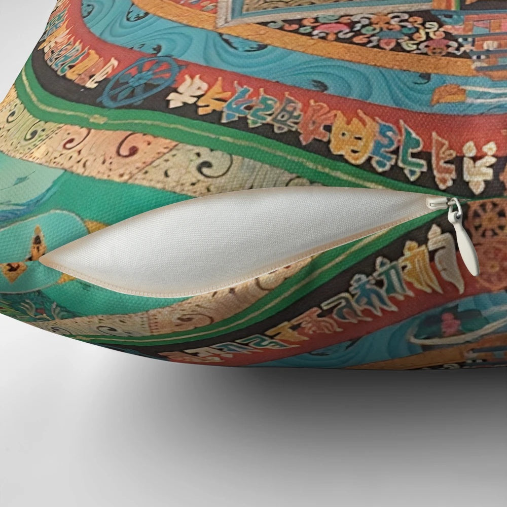 Closeup of a vibrant Tibetan mandala design on a square pillow with meditation-inspired artwork.