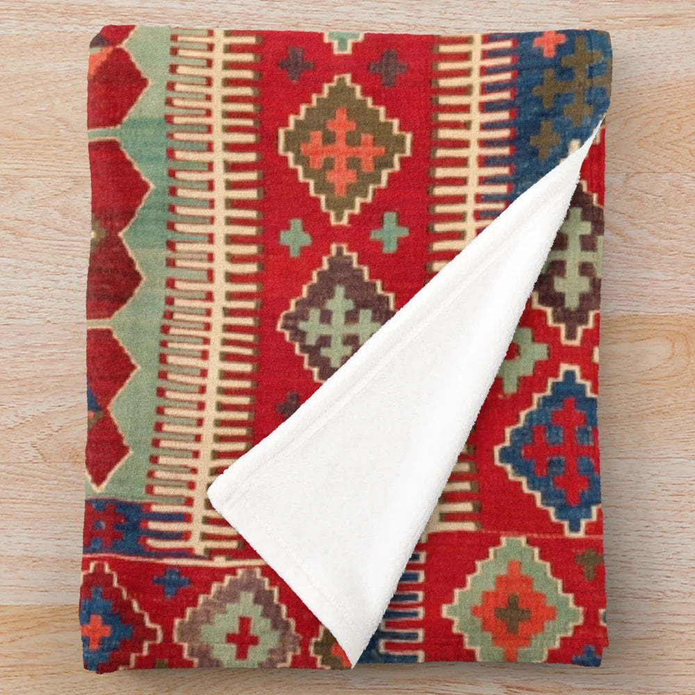 Antique Turkish Carpet Kilim Inspired Plush Blanket