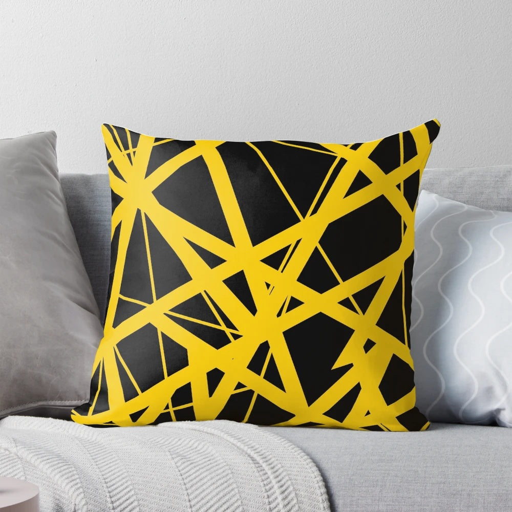 A colorful pillow featuring the iconic Van Halen "Bumblebee" guitar design, perfect for home decor and music enthusiasts.