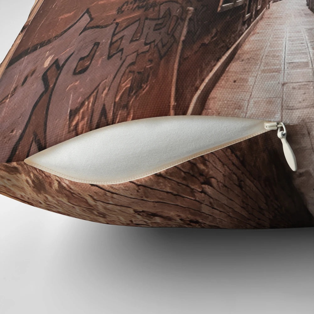 Cozy pillow with a scenic view of a narrow, winding street in the historic city of Venice, Italy
