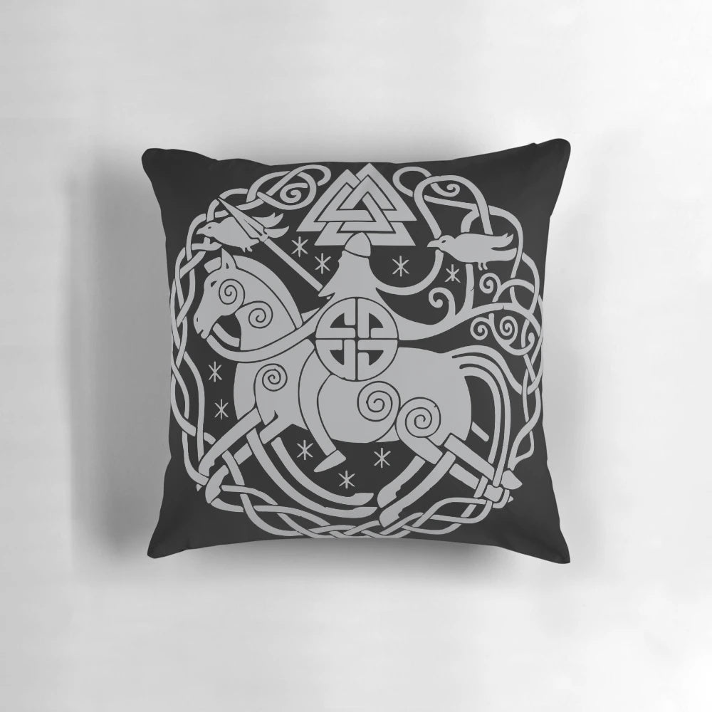 A decorative throw pillow featuring a Viking-inspired design with runes and Norse mythology imagery.