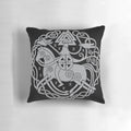 A decorative throw pillow featuring a Viking-inspired design with runes and Norse mythology imagery.
