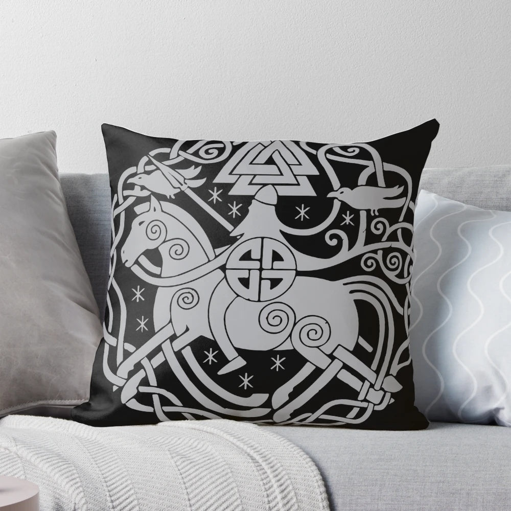 A decorative throw pillow featuring a Viking-inspired design with runes and Norse mythology imagery.