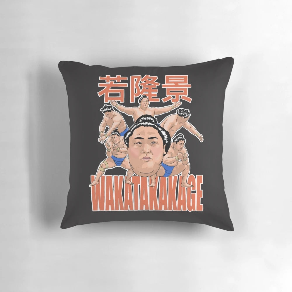 Vibrant WAKATAKAKAGE SUMO Pillow featuring a Japanese wrestler in traditional sumo attire