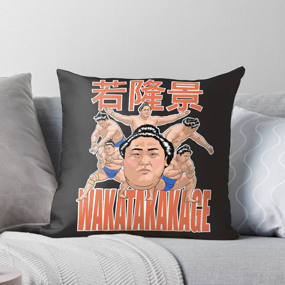 Vibrant WAKATAKAKAGE SUMO Pillow featuring a Japanese wrestler in traditional sumo attire