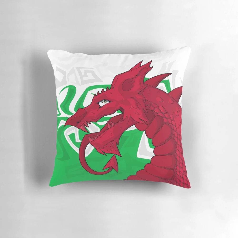A vibrant, high-quality pillow featuring the iconic Welsh red dragon design, perfect for adding a touch of Welsh pride to your home.